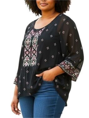 Style & Co. Sz XL Black Embroidered Beaded Boho Mesh Overlay Blouse Top